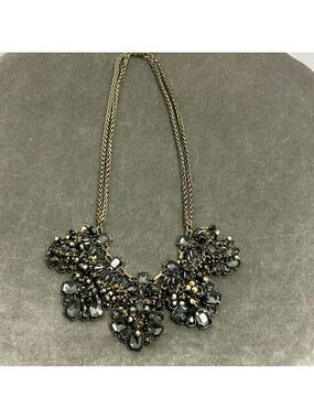Banana Republic beaded jewel bib necklace gold-tone chain and dark gray stones